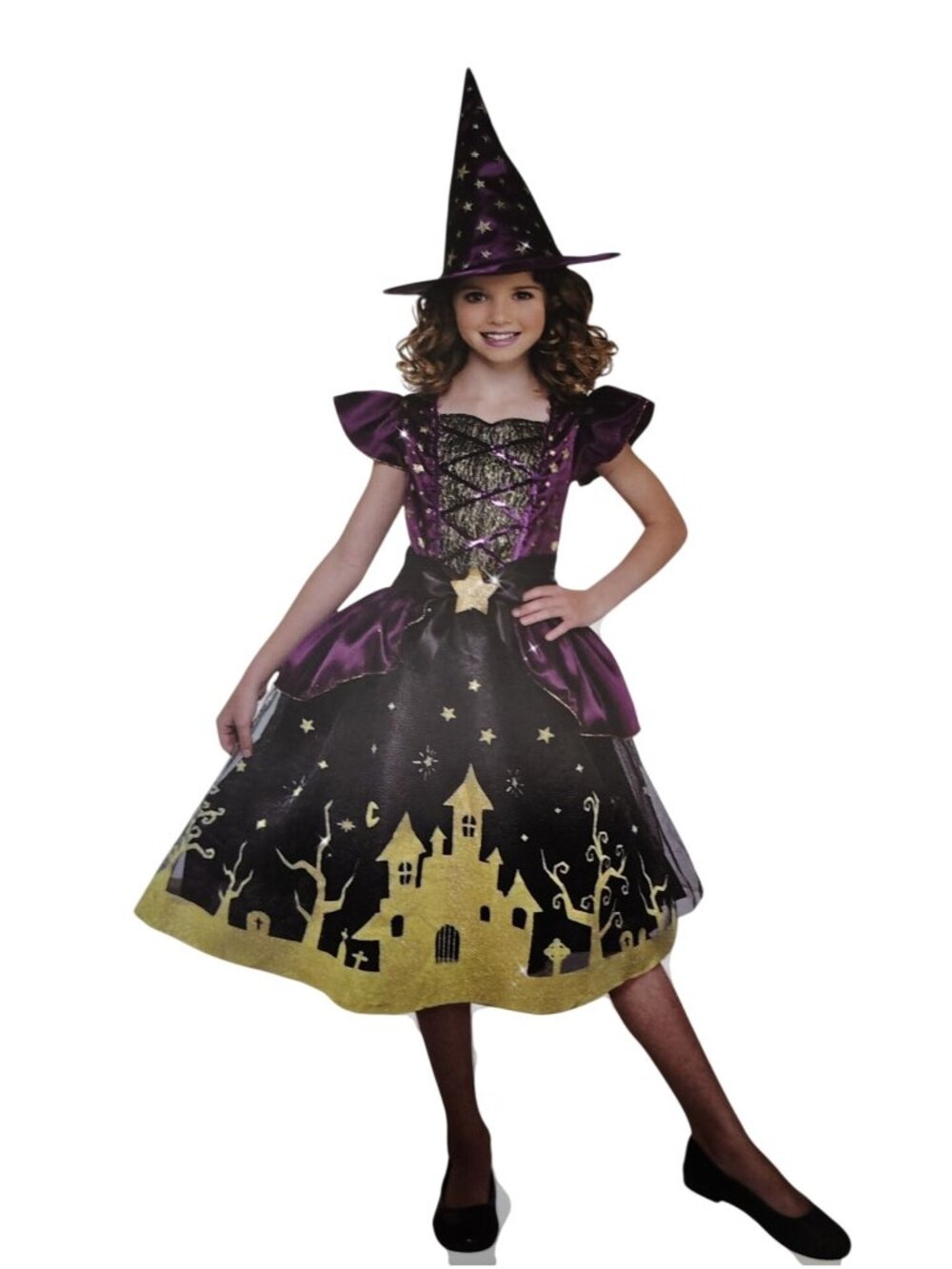 Way To Celebrate Girls Starry Witch Costume Large 10-12 Glow in Dark Dress Hat